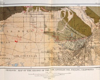 1907 Los Angeles Original California Antique Map showing Oil Fields in LA, Las Cienegas, La Brea. CA Geological Map Vintage