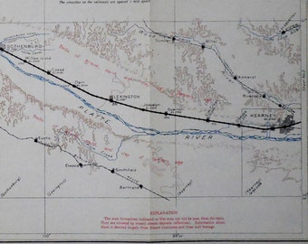 1915 Railroad Map Kearney, Lexington, Gothenburg, Odessa, Cozad, Amherst, Platte River Nebraska NE Railway Overland Route Antique Vintage