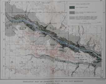 1898 Nebraska Map Banner County & Scott's Bluff County, North Platte River.  Canals, Irrigation. Julius Bien Antique Original Lithograph.
