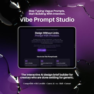 Może przedstawiać: Tablet cyfrowy wyświetla interfejs "Vibe Prompt Studio" z tekstem "Design Without Limits. Prompt With Precision." Obraz jest osadzony na fioletowym tle z abstrakcyjnymi kształtami i tekstem.