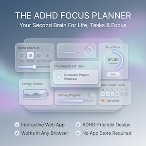 May include: A digital planner interface with the text "THE ADHD FOCUS PLANNER." It features sections for mood check-in, energy tracking, and task management. The design includes a focus timer and habit streak tracker, with a clean, modern aesthetic.