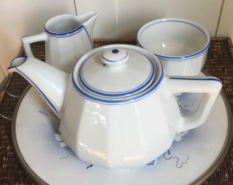 Apilco Bistro Ware large teapot, white and blue, c1980s.