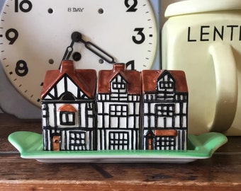 Vintage Beswick Ware condiment set, ‘Tudor houses’, c1940s.