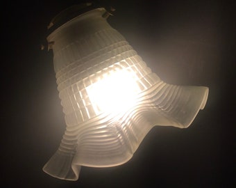 French vintage frilly frosted glass lampshade with brass gallery, c1930s.