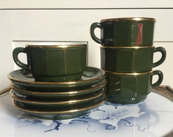 Apilco Bistro Ware, French vintage, espresso cups and saucers, green and gold, set of 4, c1980s.