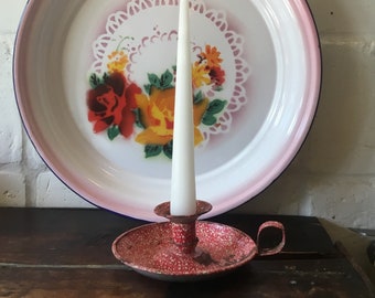 French vintage candle holder, red speckled enamel, c1930s.