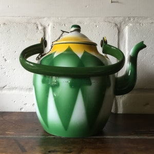 Vintage enamel kettle/teapot, made in Yugoslavia, c1960s.