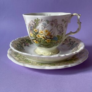 May include: A vintage teacup, saucer, and bread plate set. The teacup and plates feature a floral design with yellow, green, and blue accents. The teacup has a decorative handle and sits on a pale yellow base. The set is on a purple background.