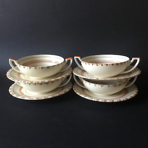 Vintage Myott Son & Co, bowls and saucers, double-handled, set of 4, c1930s.