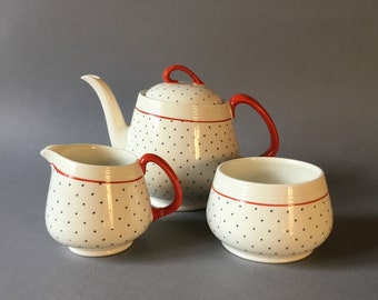 Vintage Wood & Sons Ringwood Ware, polka dot teapot, jug and sugar bowl, c1950s.