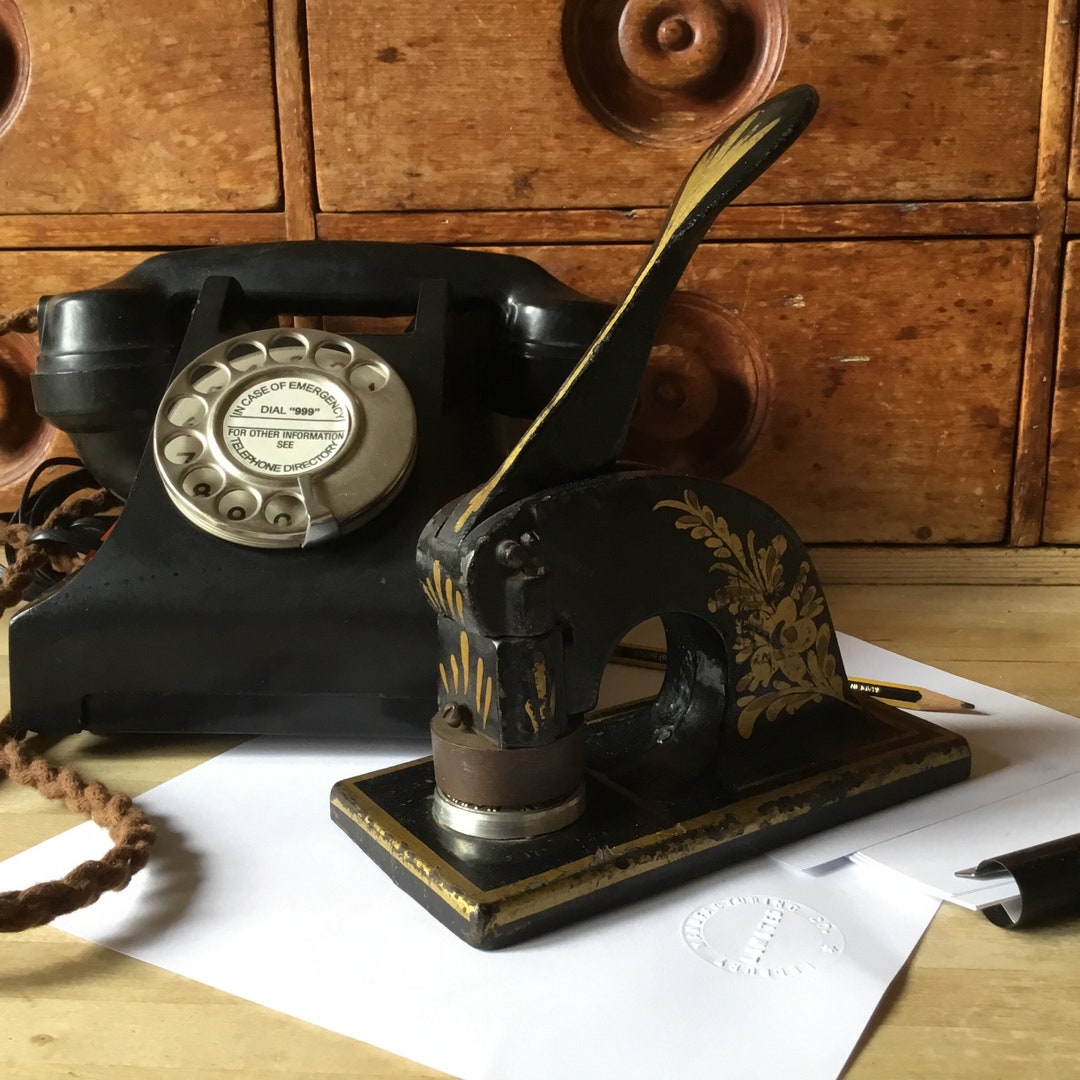 Antique Paper Embosser, Black Cast Iron With Gold Floral Design, C1900s
