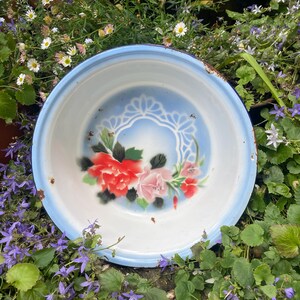 May include: A vintage enamel bowl with a light blue rim and interior. The bowl has a floral design with red and pink roses on a white and light blue background. The bowl shows signs of wear, adding to its antique charm and character.