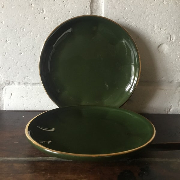 Service de bistrot vintage français Apilco, assiettes à thé vert/or, lot de 2, années 70 - années 80.