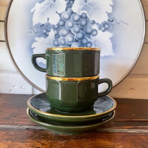 Apilco Bistro Ware, French vintage, espresso cups and saucers, green and gold, set of 2, c1980s.
