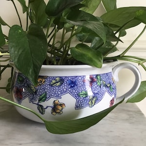 May include: A white ceramic planter with a blue and floral design. The planter has a handle and is filled with a green leafy plant.