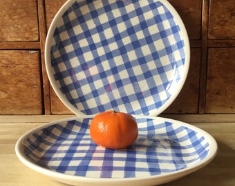 Vintage Biltons large plates, blue gingham/plaid pattern, set of 2, c1950s - 1960s.