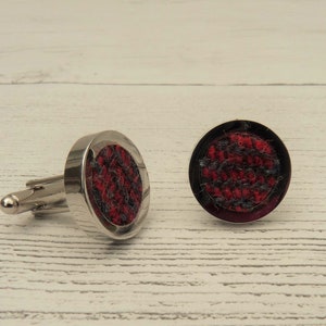 Harris Tweed Cufflinks, Handmade Scottish Gift, Men&#39;s accessory, Best Man, Wedding Gift, Red Cufflinks, Silver cufflinks, Tartan Gift,