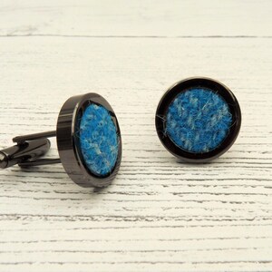 Blue Harris Tweed Cufflinks, Handmade Scottish Gift, Plaid Cufflinks, Best Man Gift, Wedding Gift, Tweed, Tartan, gunmetal  cufflinks