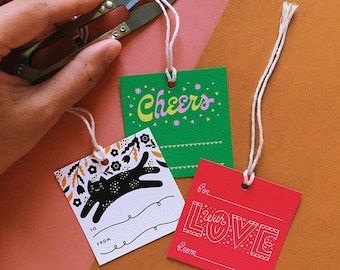 Gift Tag Bundle / Set of 12 / Cat lover / Lettering / Cheers / With Love / All occasional / Square / 2.5 x 2.5 / Holiday / Birthday / Friend