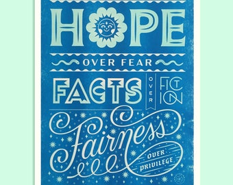 Hope over Fear Art Print Blue Wall Decor for Home Office Classroom Kindness Believe Science Vote Blue Progressive Facts Fairness Poster