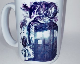 Alice and Tardis Mug, Alice and Tardis, Doctor Who Tardis and Alice Mug, Alice and Tardis Cup, Doctor Who Tardis, Alice and Cheshire Cat Mug