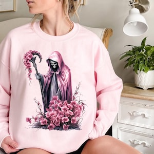 Pink Halloween Sweatshirt, Pink Reaper Sweatshirt, Retro Halloween Shirt, Halloween Lover Sweatshirt, Little Witches, Spooky , Floral Reaper