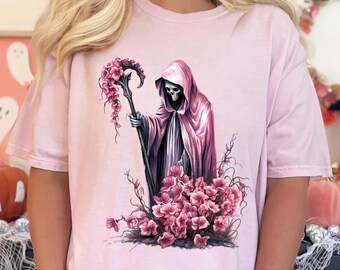 Pink Halloween T-shirt, Pink Reaper T-shirt, Retro Halloween Shirt, Halloween Lover T-shirt, Pink Grim Reaper, Spooky, Floral Grim Reaper