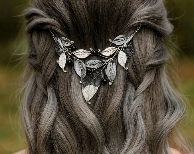 Hair Chain Jewelry With A  Black Gunmetal And Silver Leaf Design, Unique Hair Accessory