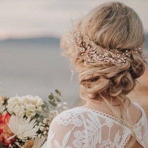 Light Rose Gold Hair Accessory For The Modern Boho Bride, Leaf And Rhinestone Accents