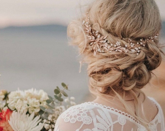 Light Rose Gold Hair Accessory For The Modern Boho Bride, Leaf And Rhinestone Accents