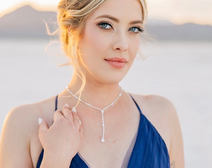 CZ  Pear Drop Lariat "Y" Tennis Chain Necklace In Silver, Pear Cut Cubic Zirconia Diamonds