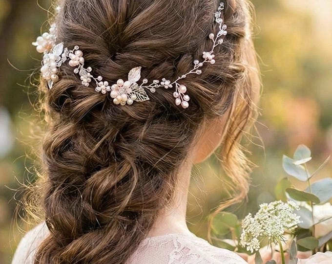 Champagne Leaf Hair Vine, Blush Pearl Hair Accessory, Floral Rhinestone Wedding Headpiece, Botanical Hair Crown For Brides