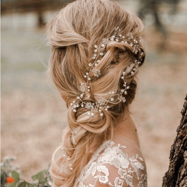 Extra Long Boho Hair Vine, Pearl Hair Vine, Crystal Hair Vine, Wedding Hair Accessory, Bridal Hair vine, Pearl Hair Accessory