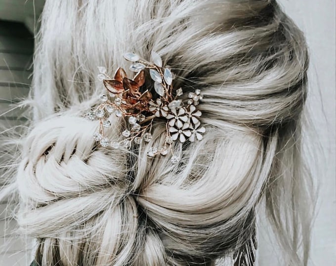 Gold Flower Hair Comb With Delicate Flower And Crystal Accents, Bridal Hair Accessory