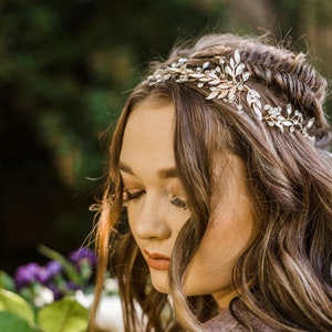 This Rose Gold Hair Accessory Features Leaf And Rhinestone Accents, Boho Wedding Hair Vine