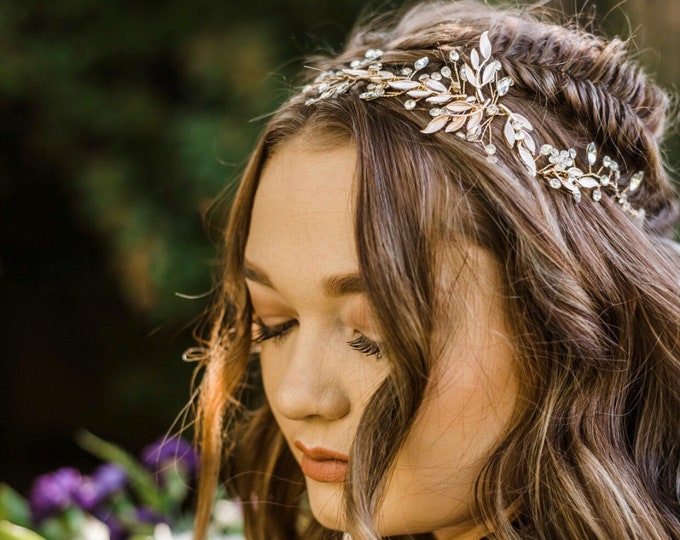 This Rose Gold Hair Accessory Features Leaf And Rhinestone Accents, Boho Wedding Hair Vine