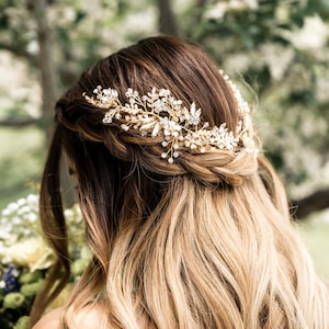 Statement Bridal Hairpiece With Pearl And Gold Leaves, Rhinestone And Crystal Accents, Gold And Silver Base Metal options