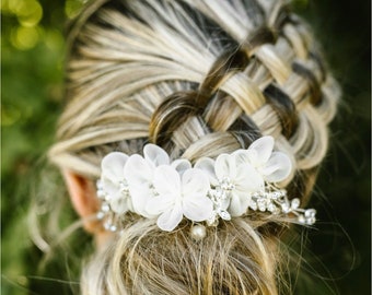 White Chiffon flower hair clip With Rhinestone Accents