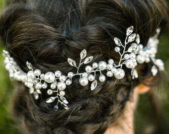 Bridal Hair Vine With Beautiful Pearl And Rhinestone Accents, Silver Wedding Hair Accessory