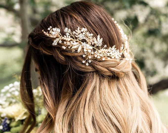 Statement Bridal Hairpiece With Pearl And Gold Leaves, Rhinestone And Crystal Accents, Gold And Silver Base Metal options