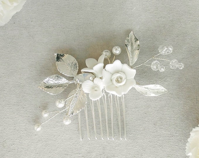 Elegant Minimalist: Silver Hair Comb With Porcelain Flowers