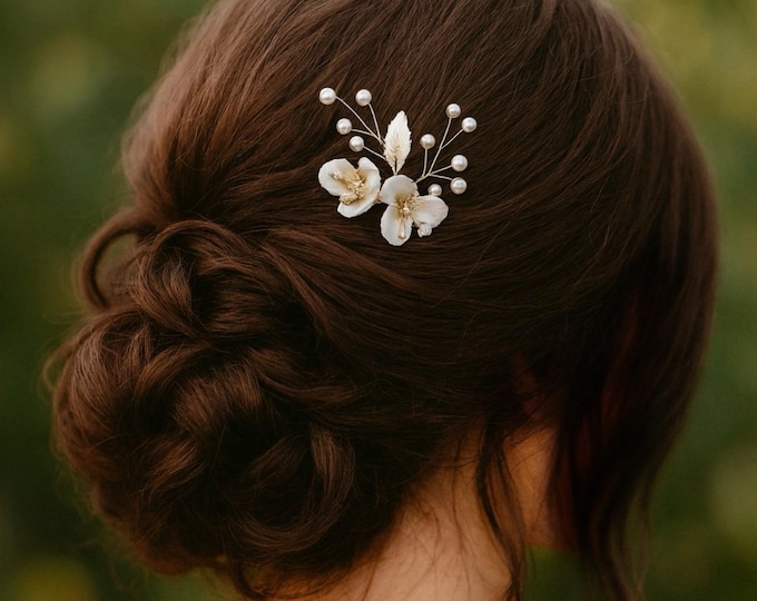 Bridesmaid Hair Pins with White Porcelain Flowers & Rhinestones, Set of 2 | Wedding Hair Accessories