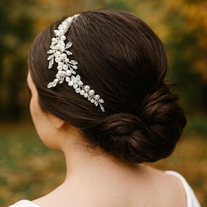Pearl Hair Vine With Marquise Rhinestone And Sliver Accent Flowers,  Wedding Hair Accessory