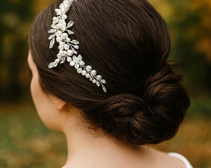 Pearl Hair Vine With Marquise Rhinestone And Sliver Accent Flowers,  Wedding Hair Accessory