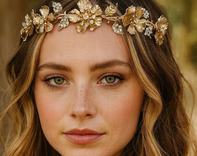 Gold Floral Rhinestone Headband – Elegant Wedding Hair Accessory, Antique Gold