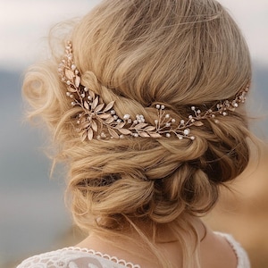 Light Rose Gold Hair Accessory For The Modern Boho Bride, Leaf And Rhinestone Accents