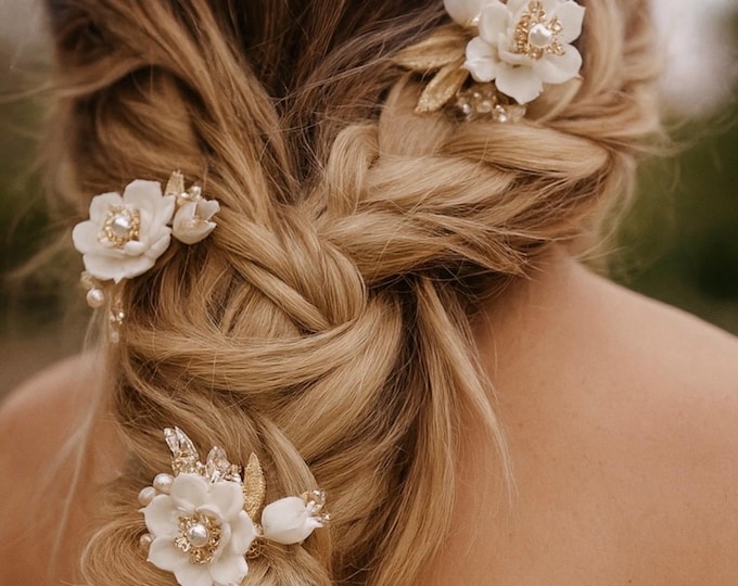 Wedding Hair Pin – White Porcelain Flower with Gold Leaf Accents & Crystals | Bridal Hairpiece