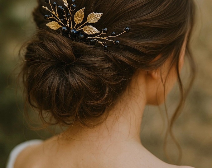 Gold & Black Hair Comb With Crystals And Leaf Accents