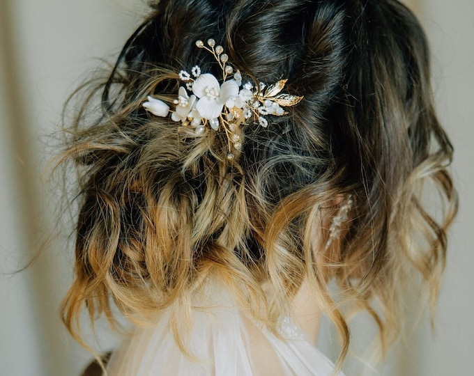 Wedding Hair Comb Hand-crafted with White Porcelain Flowers, Opal Colored Rhinestone