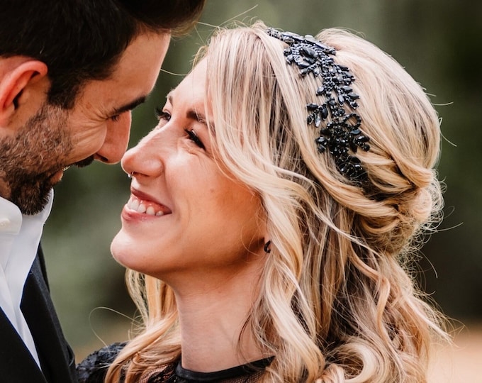 Black Wedding Hair Piece With Crystals, Perfect For The Eclectic Bride